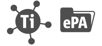 zwei Icons, Kreis mit Schriftzug TI und rechts daneben leicht geöffnete Akte mit Schriftzug ePA 